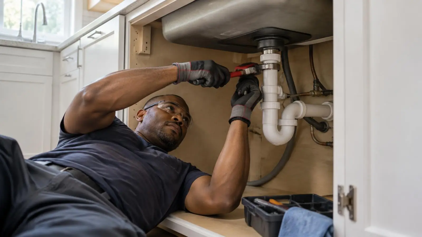 Plumber in safety glasses and work gloves lying under a kitchen sink, tightening a drain fitting with a wrench